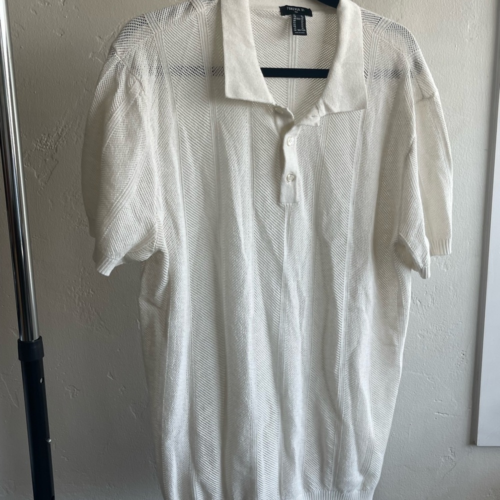 Forever 21 White Polo Shirt Lightweight Cotton Blend